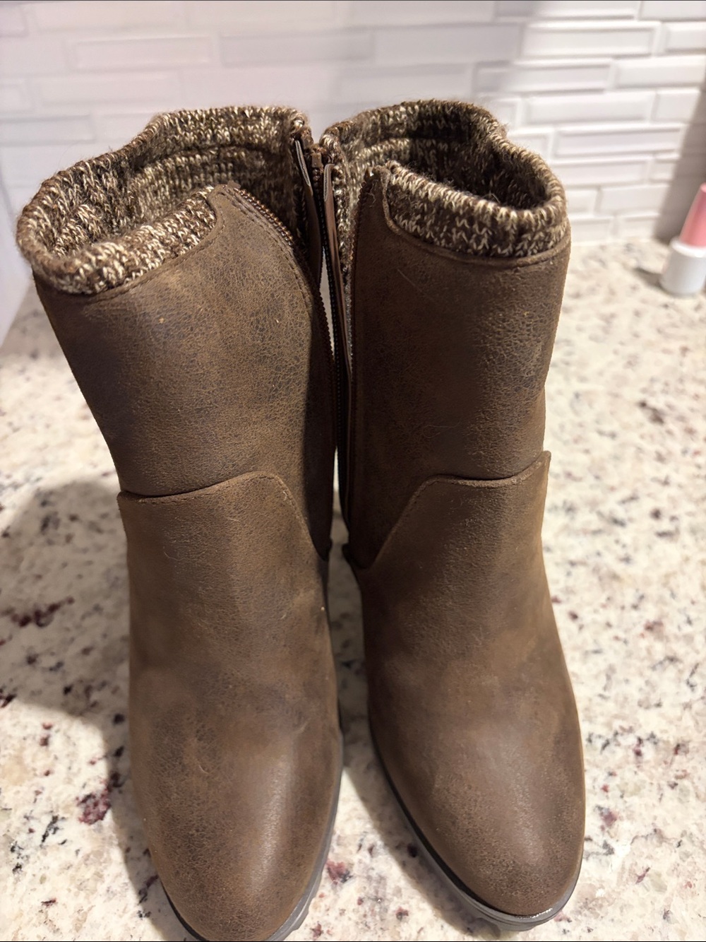 JustFab Brown Faux-Leather Ankle Boots with Knit Cuff